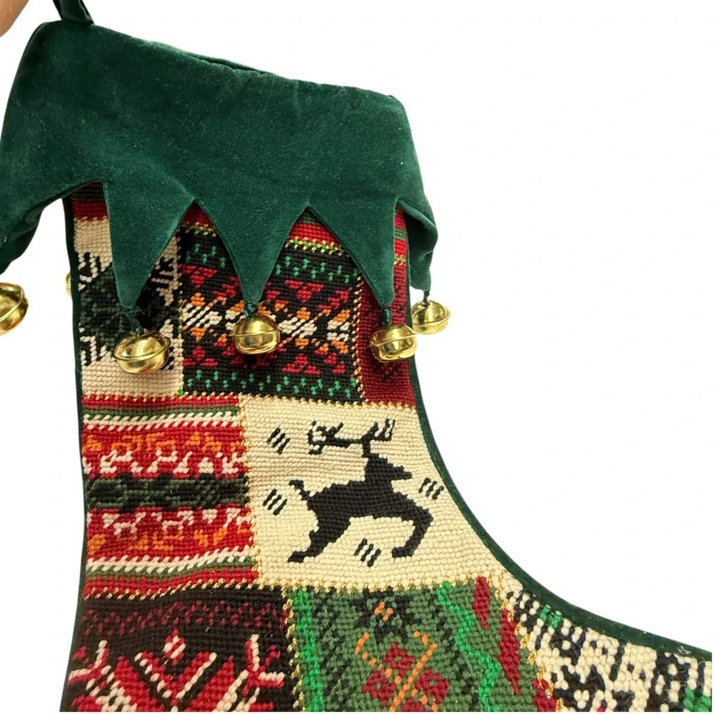 Vintage Patchwork Christmas Stocking‎ Reindeer Snowflake Bells Green Velvet Top